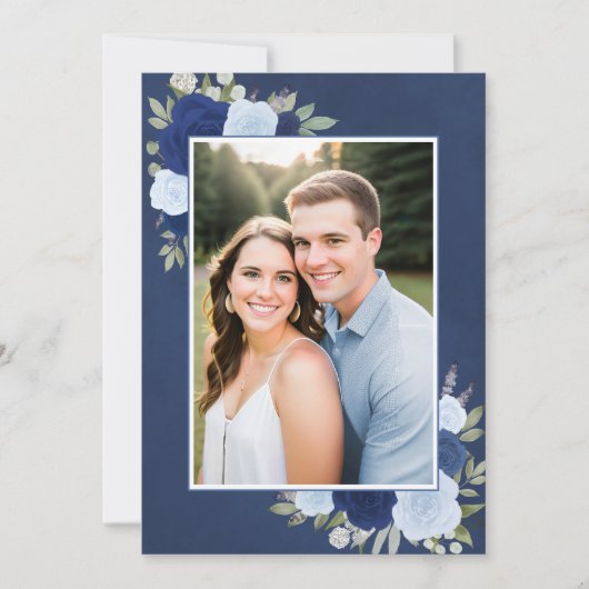 Gemarmerde Blauwe Boho Rozen Foto Onderlay Wedding Kaart (Voorkant)