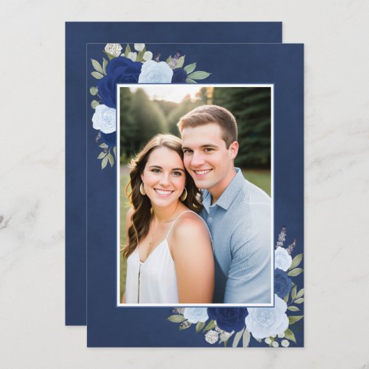 Gemarmerde Blauwe Boho Rozen Foto Onderlay Wedding Kaart (Voorkant / Achterkant)