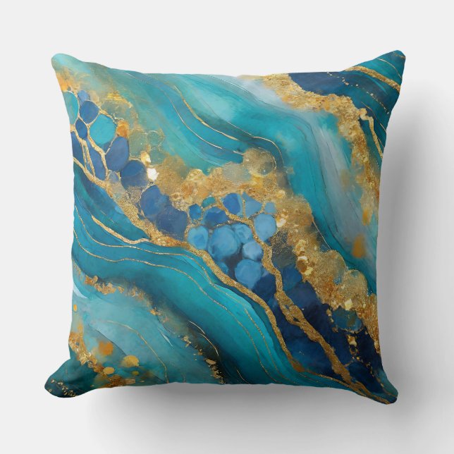 Gemarmerde Blauwgroen Blauw Goud Elegante Faux Kussen (Voorkant)