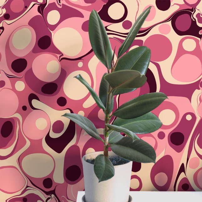 Gemarmerde bordeauxrode vloeibare inktkunst behang (Modern liquid ink marbled burgundy peel and stick art wallpaper)