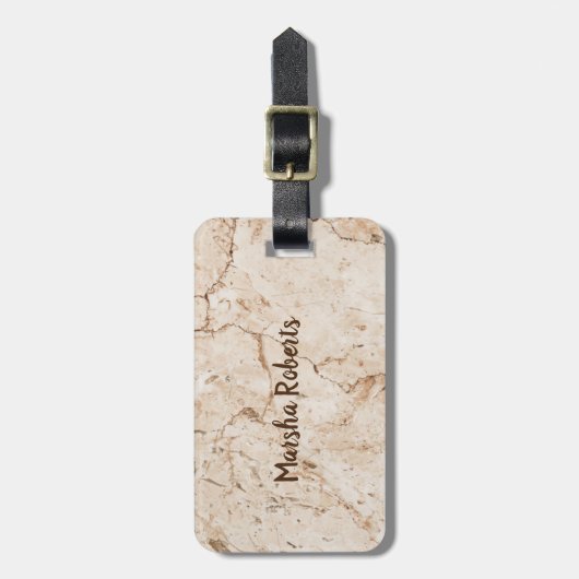 Gemarmerde crème met monogram bagagelabel (Voorkant verticaal)