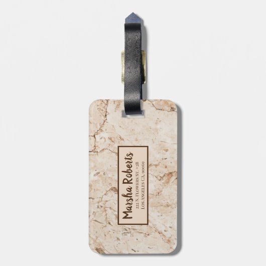 Gemarmerde crème met monogram bagagelabel (Achterkant verticaal)