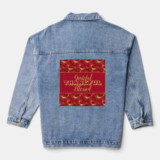 Gemarmerde "Dankbaar, Erkentelijk, Gezegend" Rood Denim Jacket (Achterkant)