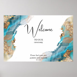 Gemarmerde inkt Turquoise en goud Poster