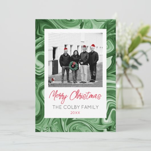 Gemarmerde Kerstmis Fotokaart Familienaam Feesteli Kaart (Staand voorkant)