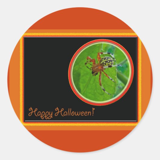 Gemarmerde Orb Weaver Spider Happy Halloween Ronde Sticker (Voorkant)