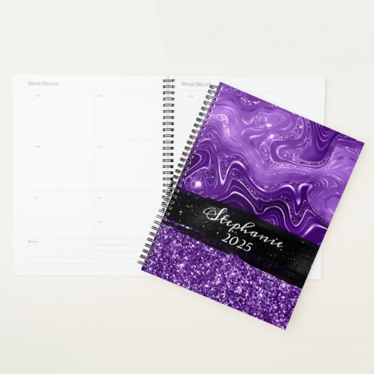 Gemarmerde Royal Paarse Glitter Black Brush Stroke Planner (Display)