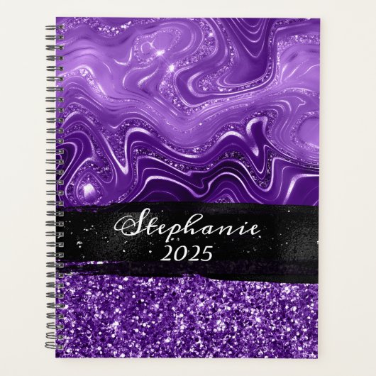 Gemarmerde Royal Paarse Glitter Black Brush Stroke Planner (Voorkant)