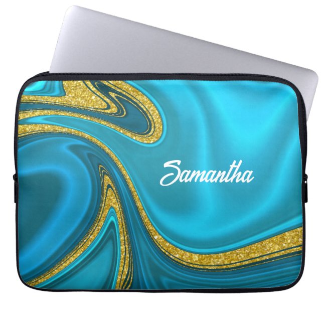 Gemarmerde turquoise gouden accenten iPad Smart Ho Laptop Sleeve (Voorkant)