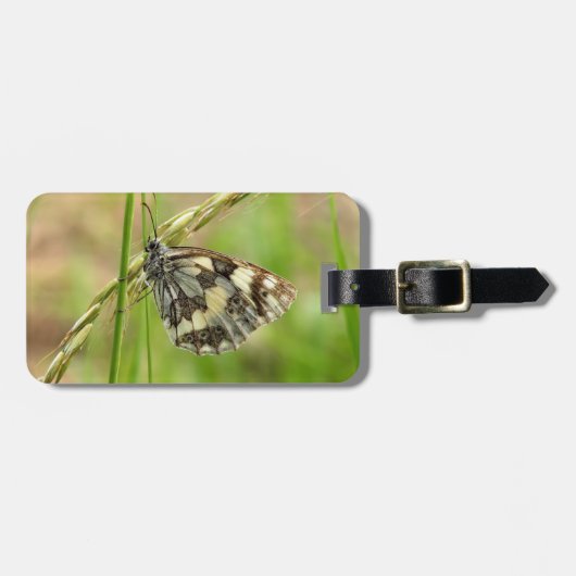 Gemarmerde witte vlinder op gras bagagelabel (Voorkant horizontaal)