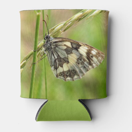 Gemarmerde witte vlinder op gras blikjeskoeler (Voorkant)