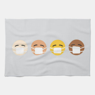 Gemaskeerde Emoji wordt geconfronteerd met maskers Theedoek