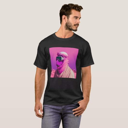 Gemaskerd Arabisch in een Vaporwave Desert Retrowa T-shirt (Voorkant volledig)