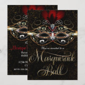 GEMASKERD BAL Elegante Rode Gouden Feest Uitnodigi Kaart (Voorkant / Achterkant)