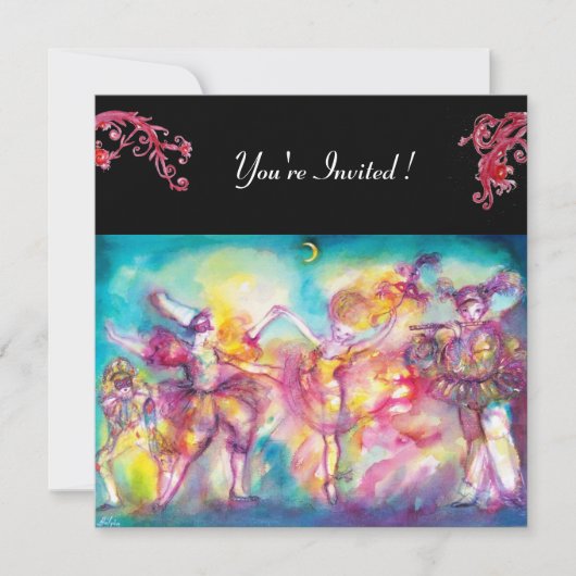 GEMASKERD BAL, rode bloemmotieven Kaart (Voorkant)