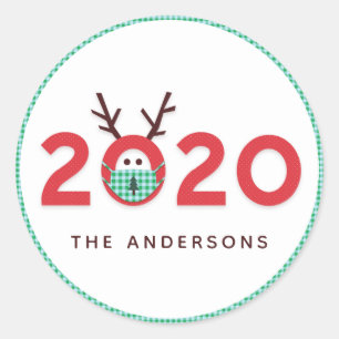 Gemaskerd rendier 2020 aangepaste vakantie rood gr ronde sticker