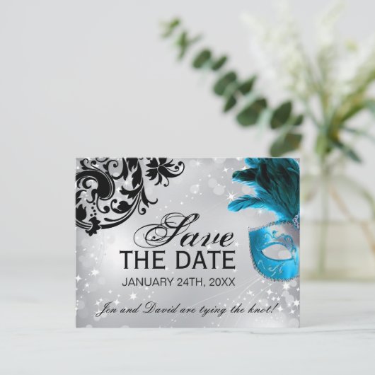 Gemaskerde bruiloft Bewaar de datum Aankondigingskaart (Staand voorkant)