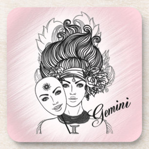 Gemaskerde Lady Gemini Zodiac Symbol en Sign Pink Bier Onderzetter