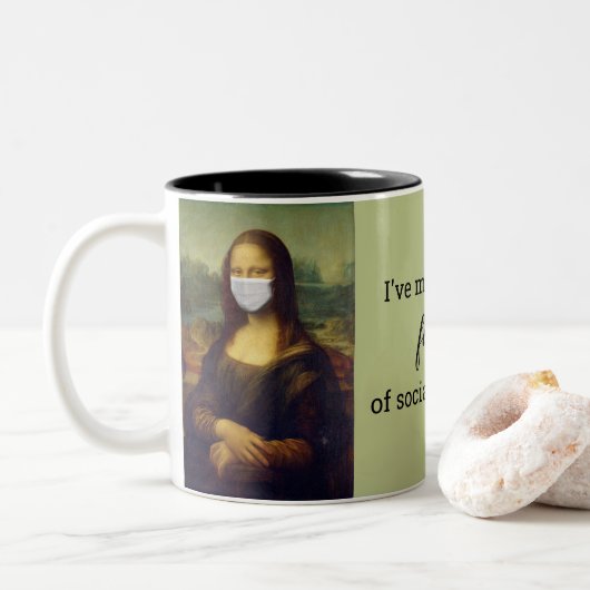 Gemaskerde Mona Lisa Sociale Verstoring Tweekleurige Koffiemok (Met donut)