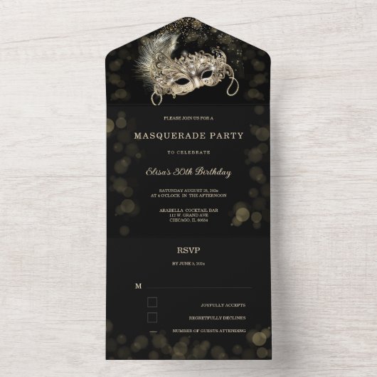 Gemaskerde partij met RSVP-kaarten All In One Uitnodiging (Binnen)