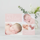 Gematigde roze foto Collage Baby Girl geboorte Aankondiging (Staand voorkant)