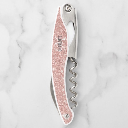 Gematigde zwarte roze glitter monogram naam ober kurkentrekker (Achterkant)