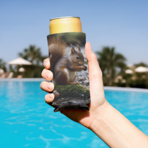 Gember eekhoorn bij de rivier die een eikel eet, seltzer blikjeskoeler