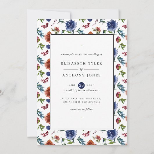 Gember en marine waterverf bloemen bruiloft kaart (Voorkant)