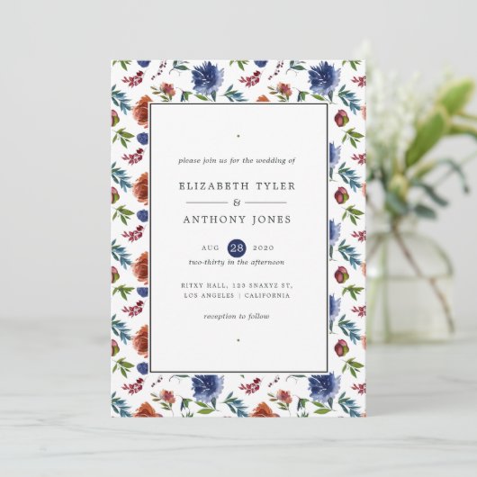 Gember en marine waterverf bloemen bruiloft kaart (Staand voorkant)