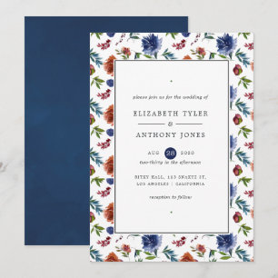 Gember en marine waterverf bloemen bruiloft kaart