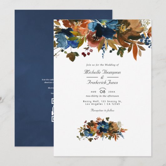 Gember en marineblauwe bloemencode met QR-code RSV Kaart (Voorkant / Achterkant)