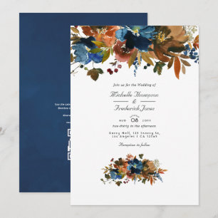 Gember en marineblauwe bloemencode met QR-code RSV Kaart