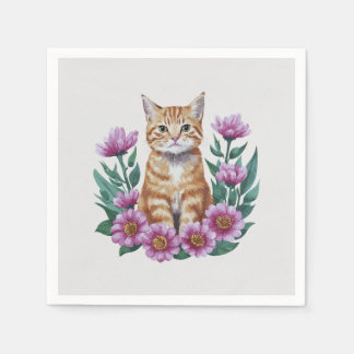 Gember kat in bloemen servet