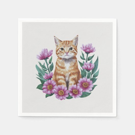 Gember kat in bloemen servet (Voorkant)