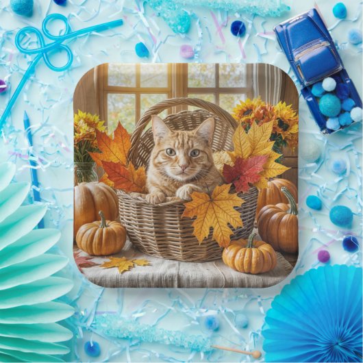 Gember Kat in Herfst Mand Papieren Bordje (Feest)
