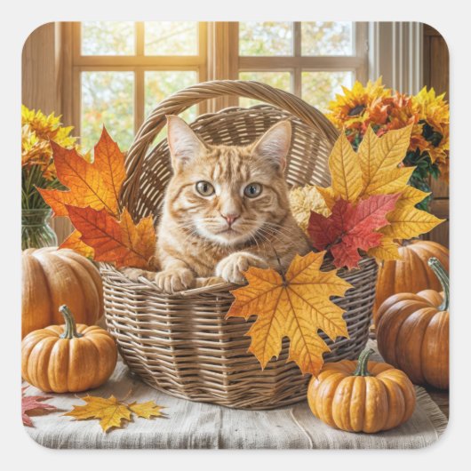 Gember Kat in Herfst Mand Vierkante Sticker (Voorkant)