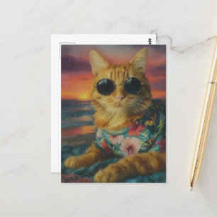 Gember Kat in zonnebril op het strand Briefkaart