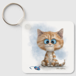 Gember Kitten met Muis Cartoon Sleutelhanger