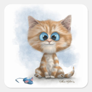 Gember Kitten met Muis Cartoon Vierkante Sticker