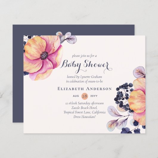 Gember Navy Bloemen Baby Shower Uitnodigingen BUDG (Voorkant / Achterkant)