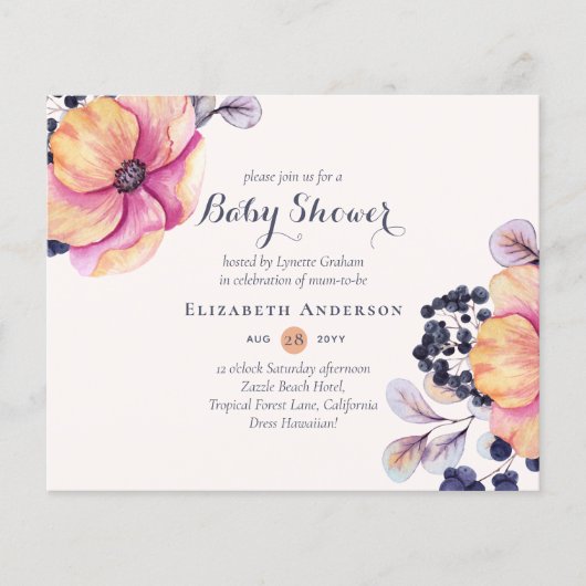 Gember Navy Bloemen Baby Shower Uitnodigingen BUDG (Voorkant)