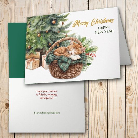 Gember Tabby Kitten Rieten Mand Kerstmis Feestdagen Kaart