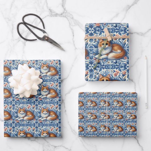 Gemberkat Blauw Witte Bloem Engels Delft Inpakpapier Vel (Voorkant)