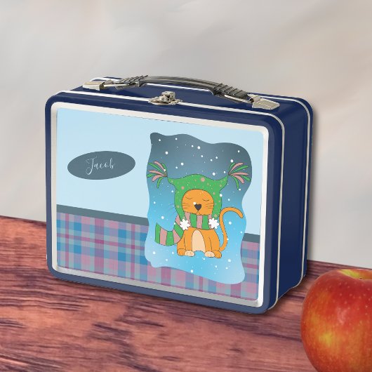Gemberkat in de sneeuw blikken lunchbox
