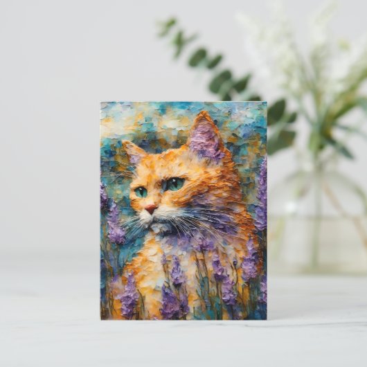 gemberkat in een lavendelveld encaustisch briefkaart (Staand voorkant)