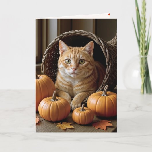 Gemberkat in Thanksgiving Hoorn des Overvloeds Feestdagen Kaart (Voorkant)