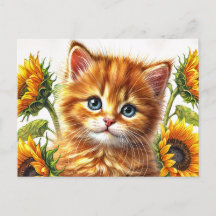 Gemberkat Met Zonnebloemen Aquarel