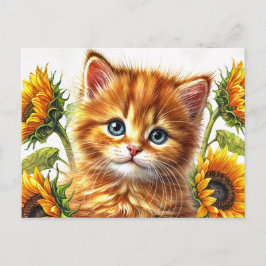 Gemberkat Met Zonnebloemen Aquarel Briefkaart