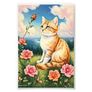 Gemberkat Tussen Roze Tuinrozen Foto Afdruk