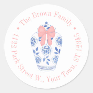  gemberpot met roze lint retouradres ronde sticker